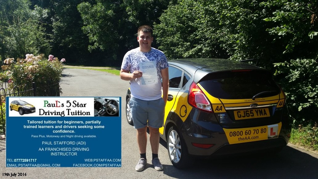 Test Pass Pupil Zac Hill with Paul's 5 Star Driving Tuition